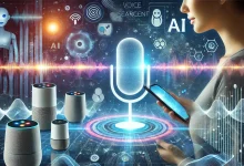 "Illustration of a person using voice search on a smartphone, with AI-powered digital assistants and sound waves representing voice recognition technology in the background."