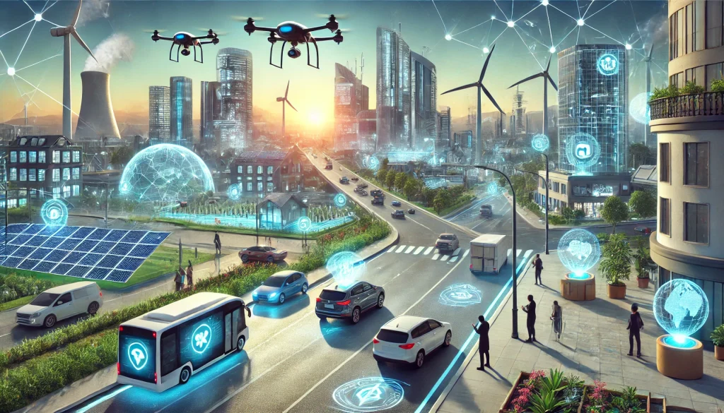 A futuristic city with autonomous vehicles, drones, and people using augmented reality displays. Buildings are equipped with solar panels and wind turbines, illustrating a tech-driven, sustainable future in 2025.