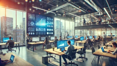 A modern and sleek tech office in Denver, with employees working on laptops, a large data analytics display, and collaborative meeting areas, showcasing the thriving tech industry in the city.