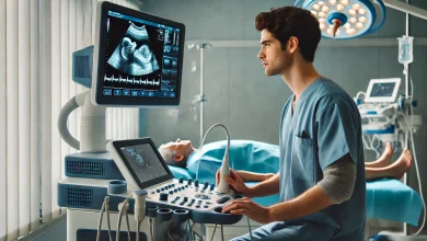 A professional ultrasound technician operating a diagnostic ultrasound machine in a well-lit hospital room. The technician, dressed in scrubs, focuses on capturing images of a patient's internal organs, with the ultrasound machine displaying the images on its screen. The scene highlights advanced medical technology in a clinical environment.