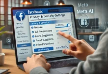 "A user adjusting Facebook privacy settings on a laptop to disable Meta AI features, with a screen displaying options for managing ad preferences and data sharing in a minimalist, digital privacy-focused environment."