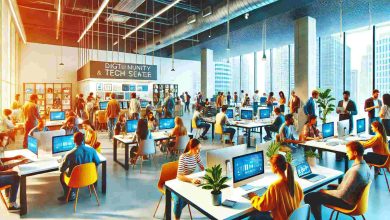 A modern community tech center with individuals using computers, attending a digital literacy class, and collaborating in a bright, welcoming space. The center is equipped with high-tech equipment, creating an environment conducive to learning and career development.
